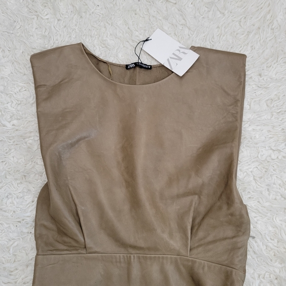 NWT Zara Leather Dress Padded Shoulder Mini Taupe - Picture 7 of 16